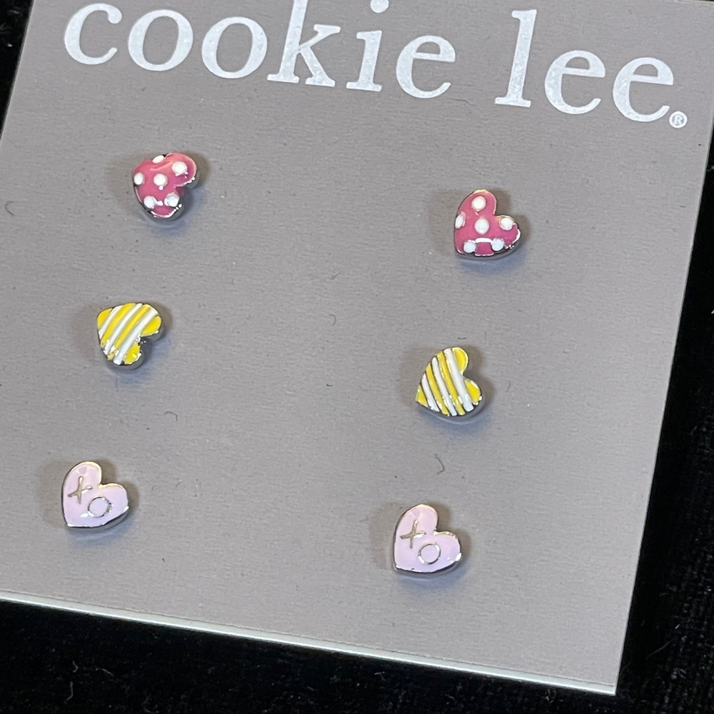 Cookie Lee Heart Earrings Trio - Pink, Yellow, White